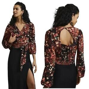 Anthropologie Orange Pink Floral Balloon Sleeve Back Cut Out Tie Belt Top Sz PM